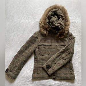 Cole Haan Glen Check Plaid Jacket with Raccoon Fur Hood